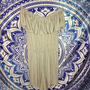 Off the shoulder grey and white romper.
